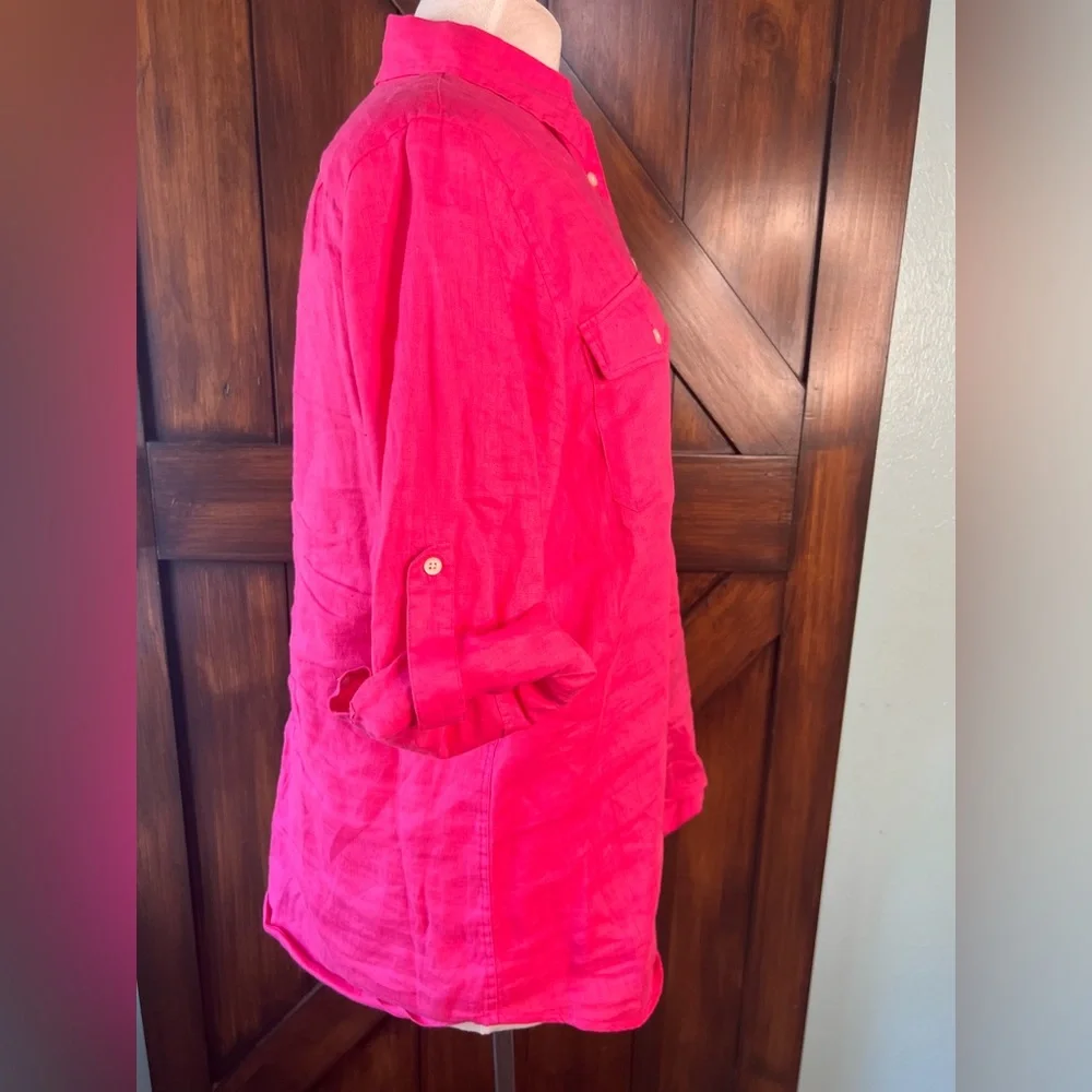 Lauren Ralph Lauren 100% Linen Vibrant Pink 3/4 Sleeve Tunic Shirt Blouse M - Picture 2 of 6